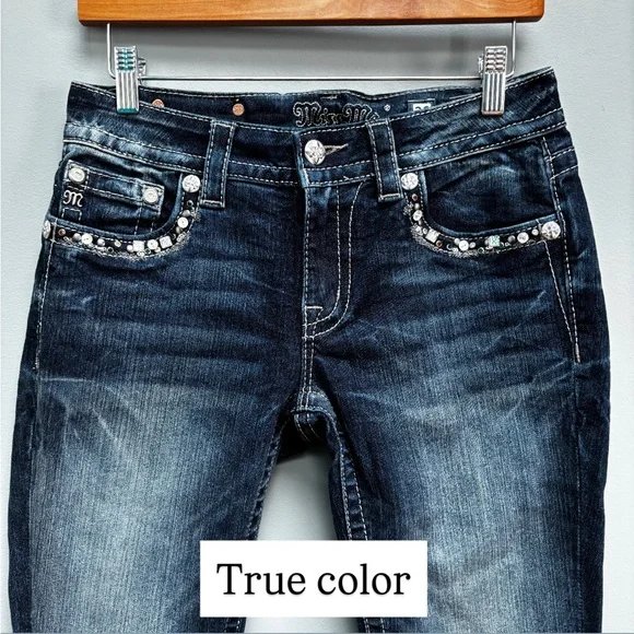 Miss Me Rhinestone Embellished Wing Jeans Slim Boot Cut in Dark Wash 28 - Picture 11 of 11